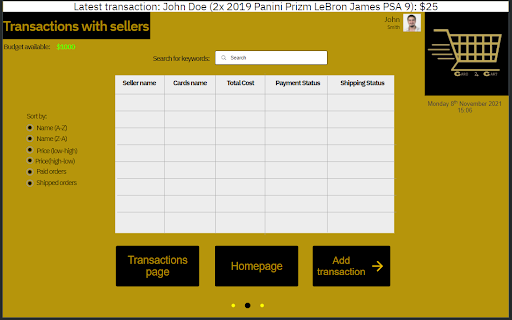 Transactions page with a log of all sales and purchases